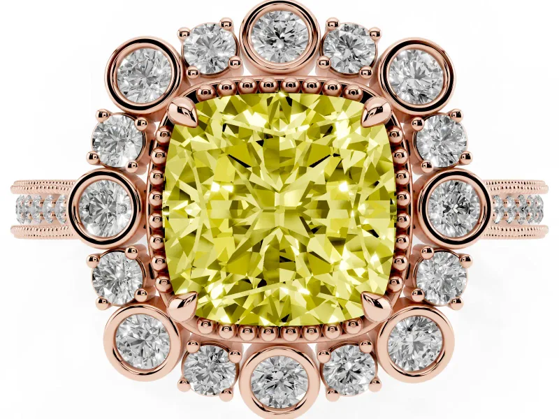 Fancy Yellow Cushion Cut Diamond Halo Milgrain Pavé Ring Set in Rose gold with Prong Setting