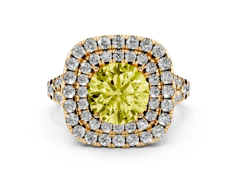 Fancy Yellow Round Cut Diamond Double Halo Ring Set in Yellow gold with Pavé Split Shank and Prong Setting
