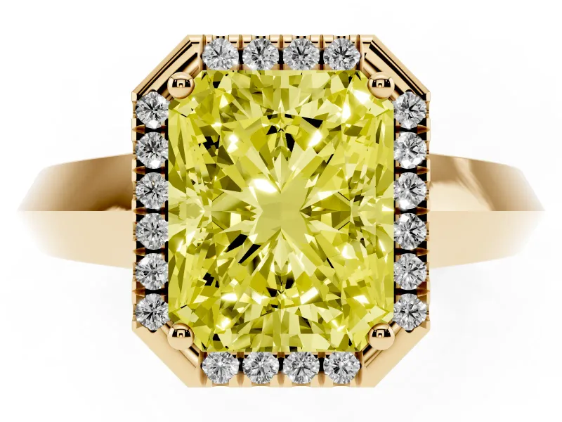 Radiant Cut Halo Engagement Ring Setting for a Fancy Yellow Lab-Grown Diamond | Knife-Edge Band | Yellow Gold