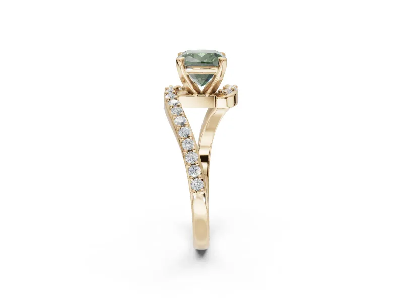 Cushion Cut Bypass Pavé Engagement Ring Setting for a Fancy Green Lab-Grown Diamond | Yellow Gold