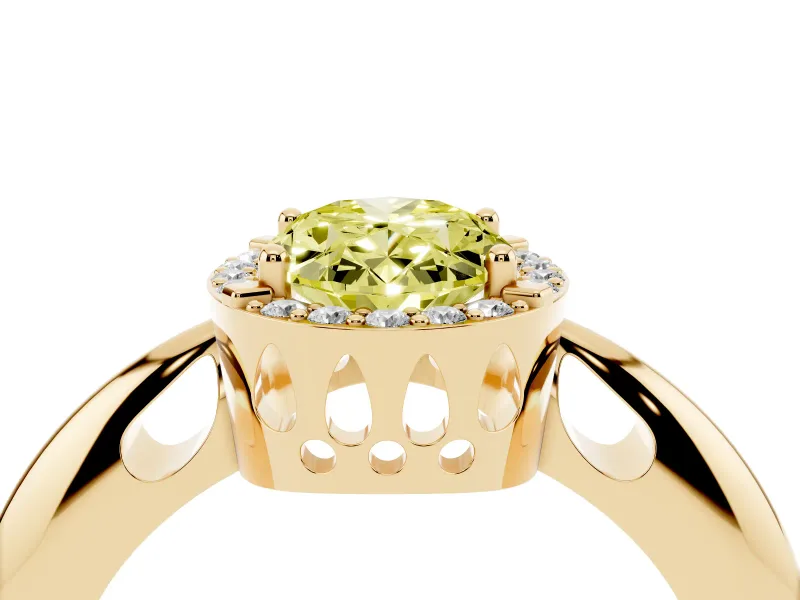 Fancy Yellow Oval Cut Diamond Halo Engagement Ring Set in Yellow gold with Plain Split Shank and Prong Setting