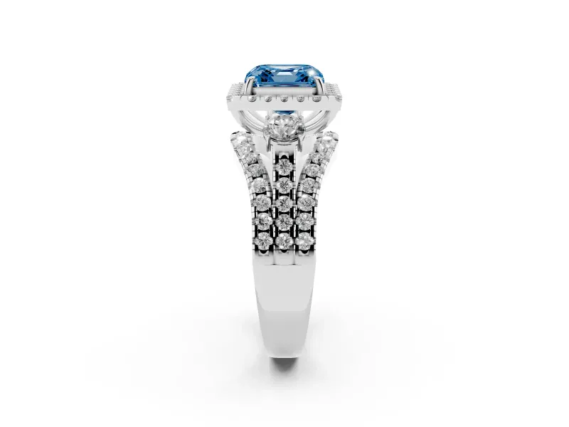 Asscher Cut Halo Split Shank Engagement Ring Setting for a Fancy Blue Lab-Grown Diamond | Round Side Stones | White Gold