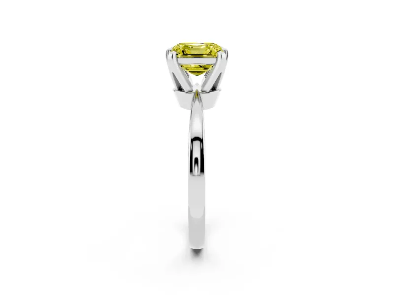 Fancy Yellow Asscher Cut Diamond Solitaire Engagement Ring Set in White gold with Slim Tapered Solitaire Band