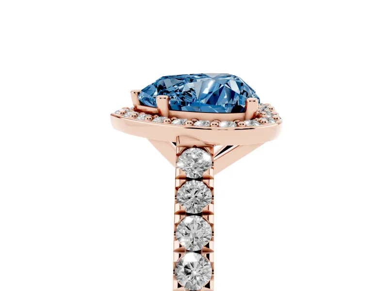 Fancy Blue Heart Cut Diamond Halo Engagement Ring Set in Rose gold with Pavé Band and Prong Setting