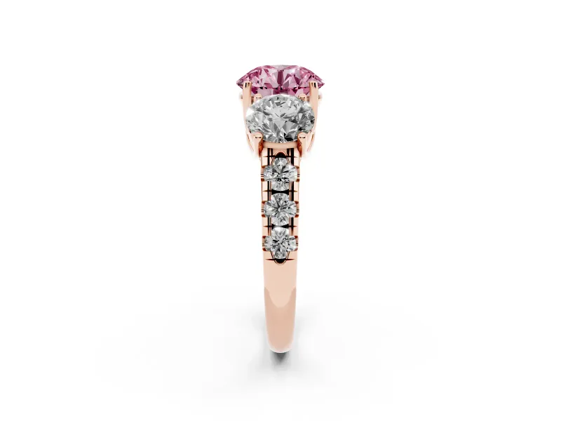Round Three Stone Engagement Ring Setting for a Fancy Pink Lab-Grown Diamond | Accented Shoulders | Rose Gold