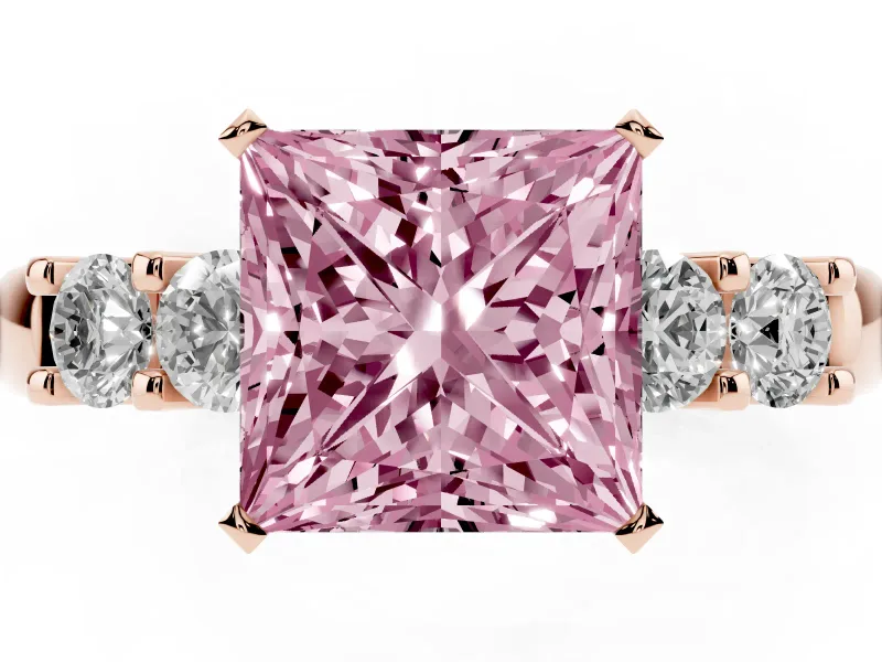 Fancy Pink Princess Cut Diamond Five-Stone Prong Set Engagement Ring Set in Rose gold with Channel Band