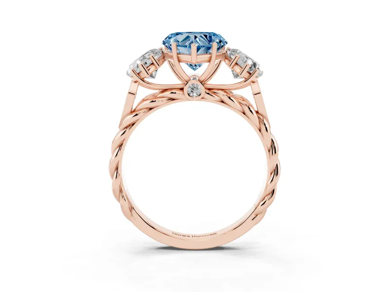 Heart-Shaped Three Stone Engagement Ring Setting for a Fancy Blue Lab-Grown Diamond | Braided Band | Rose Gold