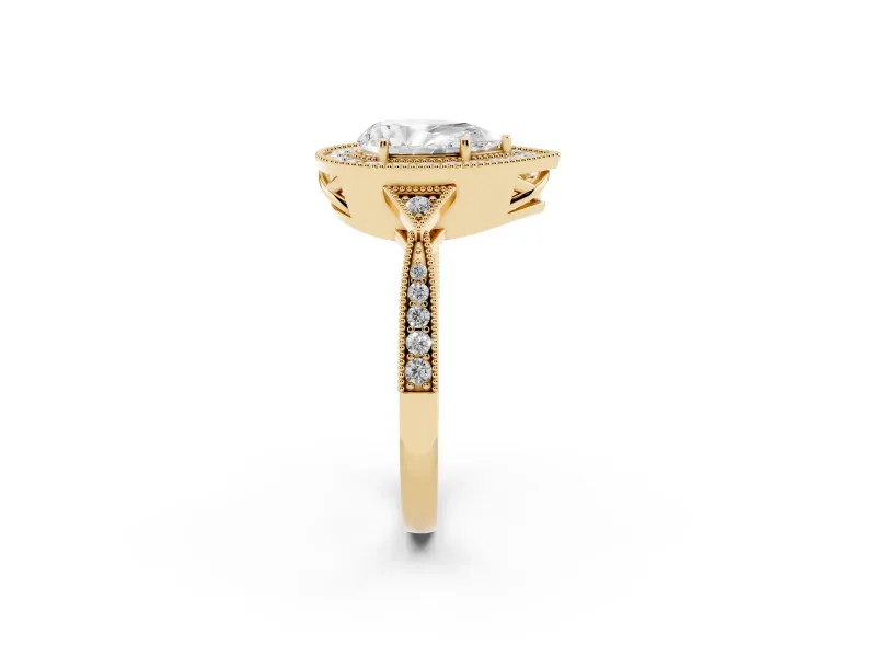 Pear Cut Diamond Halo Engagement Ring Set in Yellow gold with Milgrain Pavé Band
