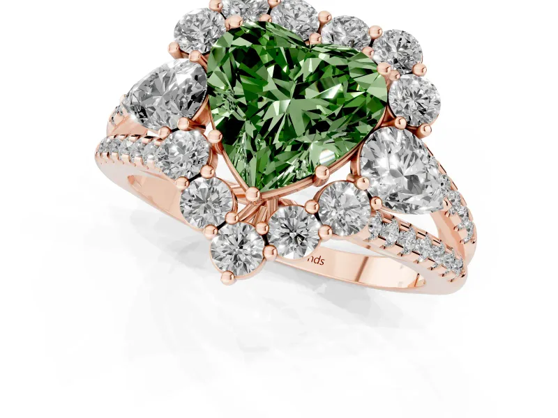 Fancy Green Heart Cut Diamond Halo Split Shank Engagement Ring Set in Rose gold with Prong-Held Center Stone