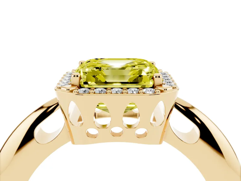Fancy Yellow Asscher Cut Diamond Halo Engagement Ring Set in Yellow gold with Plain Split Shank and Prong Setting