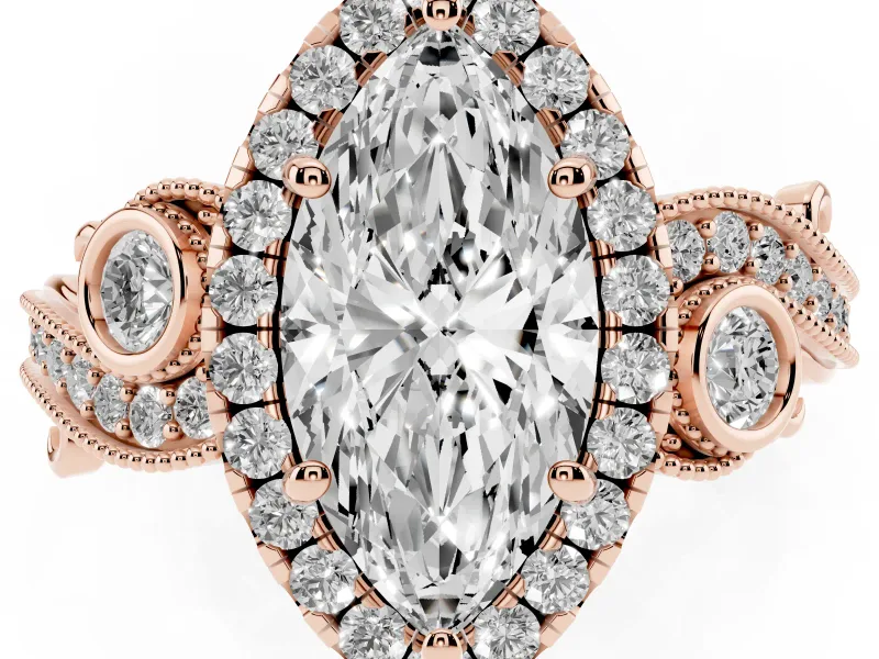 Marquise Cut Diamond Halo Ring Set in Rose gold with Milgrain Pavé Band and Prong Setting