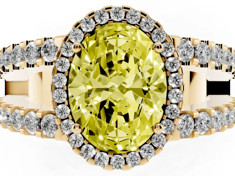 Fancy Yellow Oval Cut Diamond Halo Ring Set in Yellow gold with Pavé Split Shank and Prong Setting