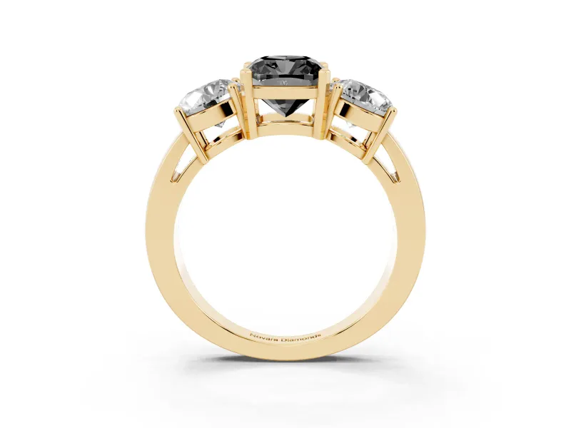 Cushion Cut Three Stone Engagement Ring Setting for a Black Center | Round Side Stones | Yellow Gold