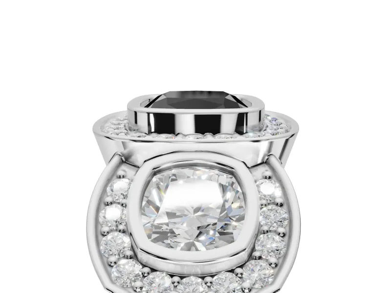 Cushion Cut Three Stone Halo Engagement Ring Setting for a Black Center | Sterling Silver