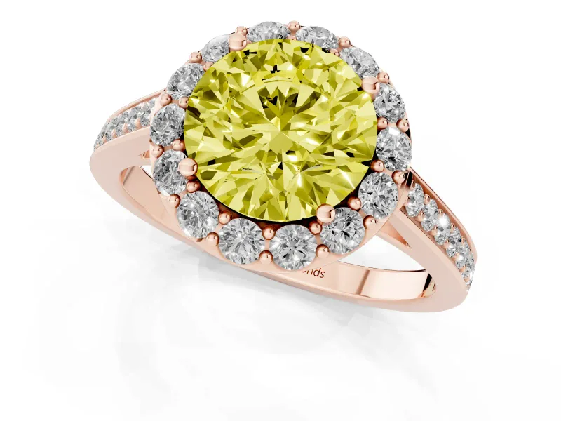 Fancy Yellow Round Cut Diamond Floral Halo Ring Set in Rose gold with Pavé Band and Prong Setting