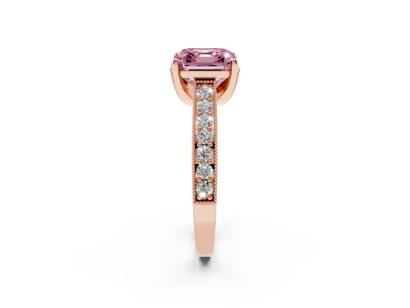 Asscher Cut Hidden Halo Engagement Ring Setting for a Fancy Pink Lab-Grown Diamond | Milgrain Pave | Rose Gold