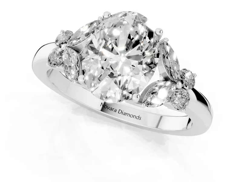 Oval Petal Accent Engagement Ring Setting | Marquise and Round Sides | White Gold