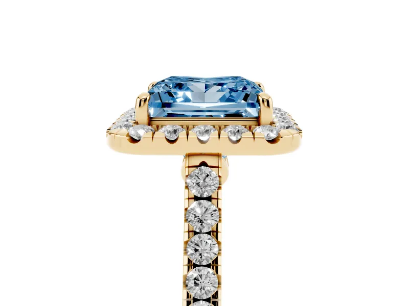 Princess Cut Halo Engagement Ring Setting for a Fancy Blue Lab-Grown Diamond | Pave Shoulders | Yellow Gold
