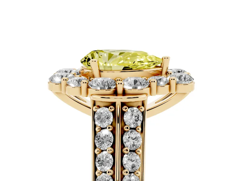 Fancy Yellow Pear Cut Diamond Halo Engagement Ring Set in Yellow gold with Split Shank and Prong Setting