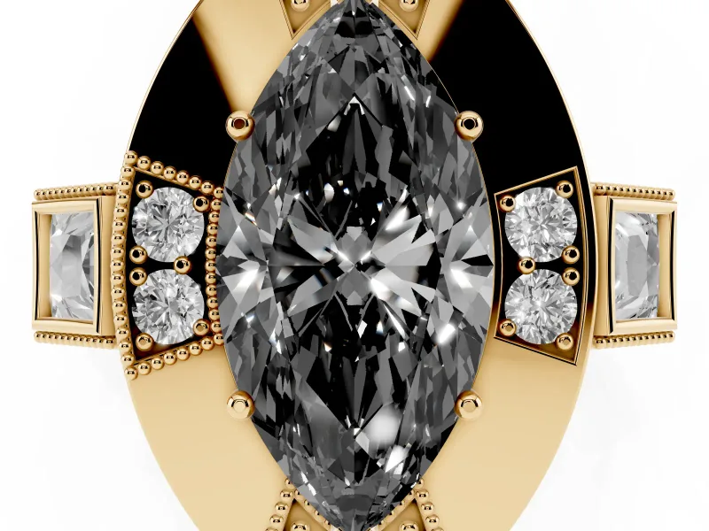 Fancy Black Marquise Cut Diamond Milgrain Halo Ring Set in Yellow gold with Split Shank