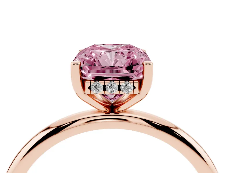Fancy Pink Radiant Cut Diamond Solitaire Engagement Ring Set in Rose gold with Prong Setting and Polished Band