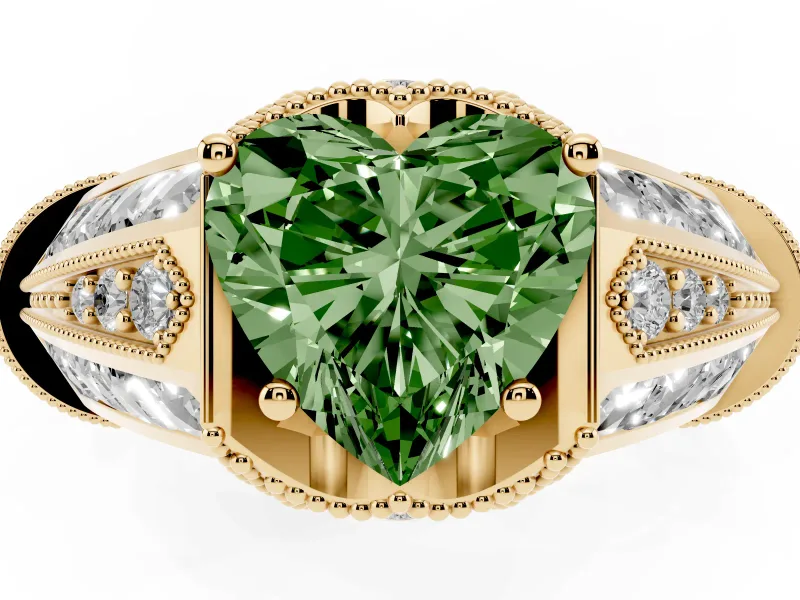 Heart-Shaped Vintage Milgrain Engagement Ring Setting for a Fancy Green Lab-Grown Diamond | Hidden Halo | Yellow Gold