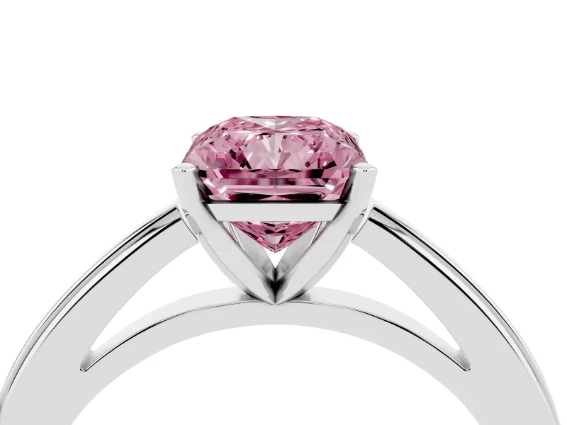 Fancy Pink Radiant Cut Diamond Solitaire Ring Set in Platinum with Prong Setting and Classic Band