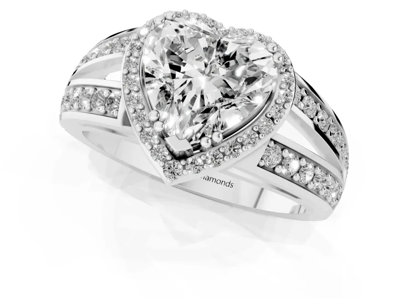 Heart Cut Diamond Halo Ring Set in White gold with Double Pavé Split Shank
