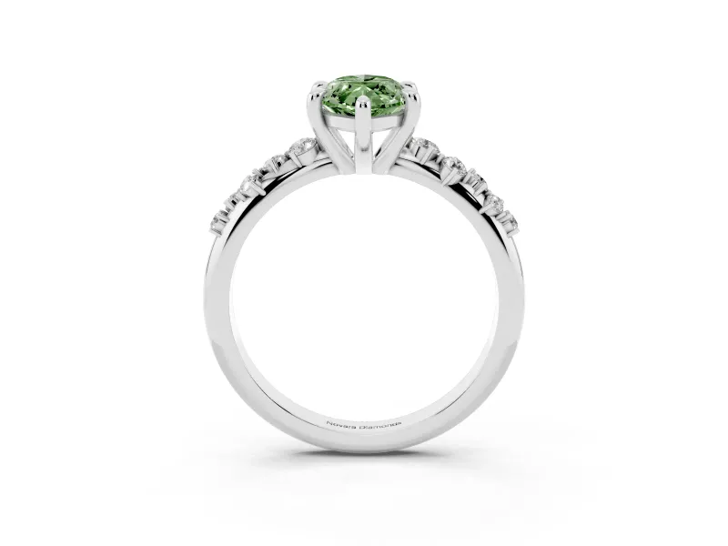 Fancy Green Marquise Cut Diamond Solitaire Vine Band Ring Set in Platinum with Round Accents and Prong Setting