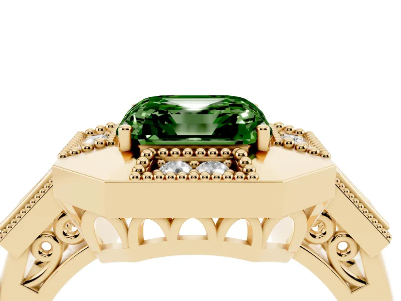 Fancy Green Asscher Cut Diamond Milgrain Halo Ring Set in Yellow gold with Split Shank