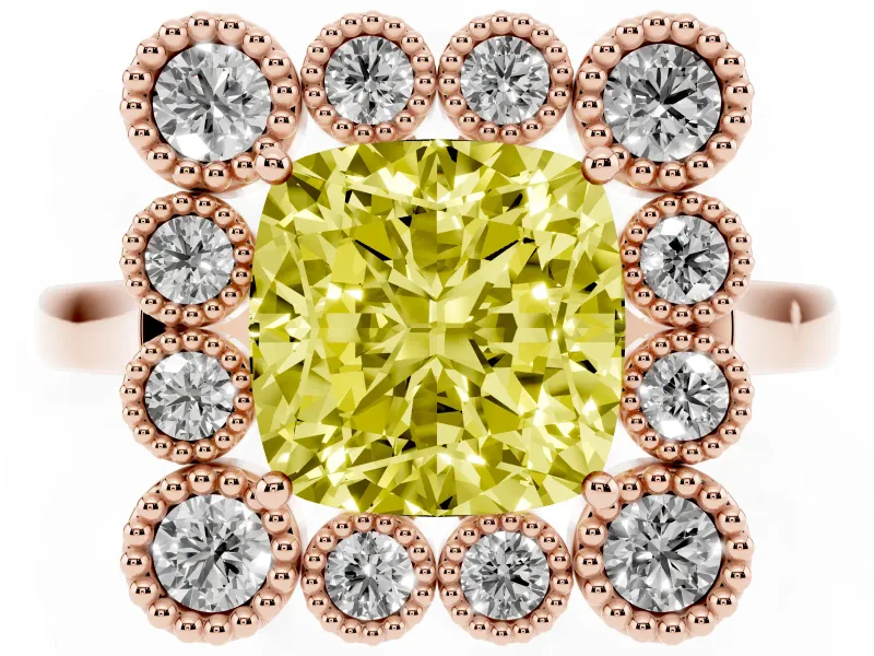 Cushion Cut Milgrain Cluster Halo Engagement Ring Setting for a Fancy Yellow Lab-Grown Diamond | Plain Band | Rose Gold