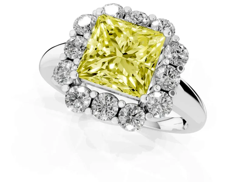 Princess Cut Graduated Milgrain Halo Engagement Ring Setting for a Fancy Yellow Lab-Grown Diamond | White Gold