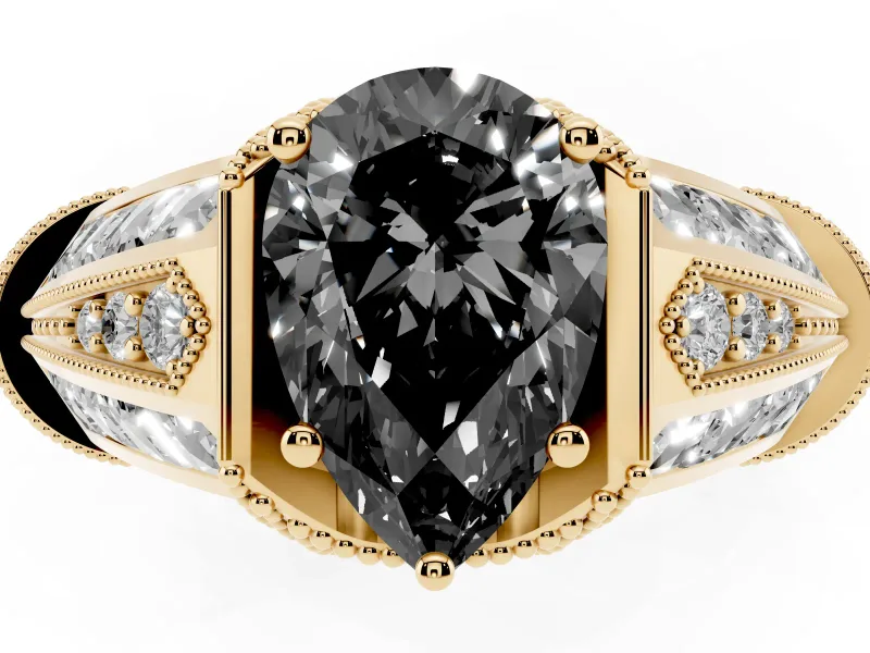 Pear-Shaped Vintage Milgrain Engagement Ring Setting for a Black Center | Hidden Halo | Yellow Gold