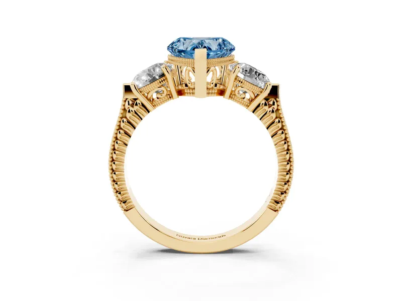 Heart-Shaped Vintage Three Stone Engagement Ring Setting for a Fancy Blue Lab-Grown Diamond | Yellow Gold - Design NV-24868