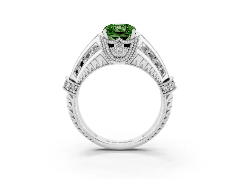 Fancy Green Radiant Cut Diamond Vintage-Inspired Milgrain Ring Set in Silver with Accent Split Shank