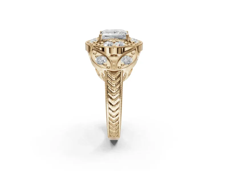 Princess Cut Vintage Floral Halo Engagement Ring Setting | Engraved Milgrain Band | Yellow Gold