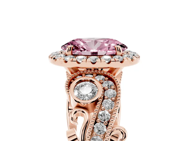 Oval Vintage Halo Engagement Ring Setting for a Fancy Pink Lab-Grown Diamond | Bezel Shoulder Accents | Rose Gold