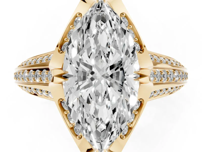 Marquise Cut Diamond Pavé Split Shank Solitaire Ring Set in Yellow gold with Prong Setting