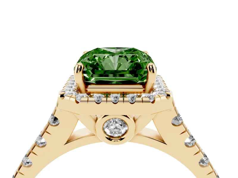 Radiant Cut Accented Halo Engagement Ring Setting for a Fancy Green Lab-Grown Diamond | Yellow Gold