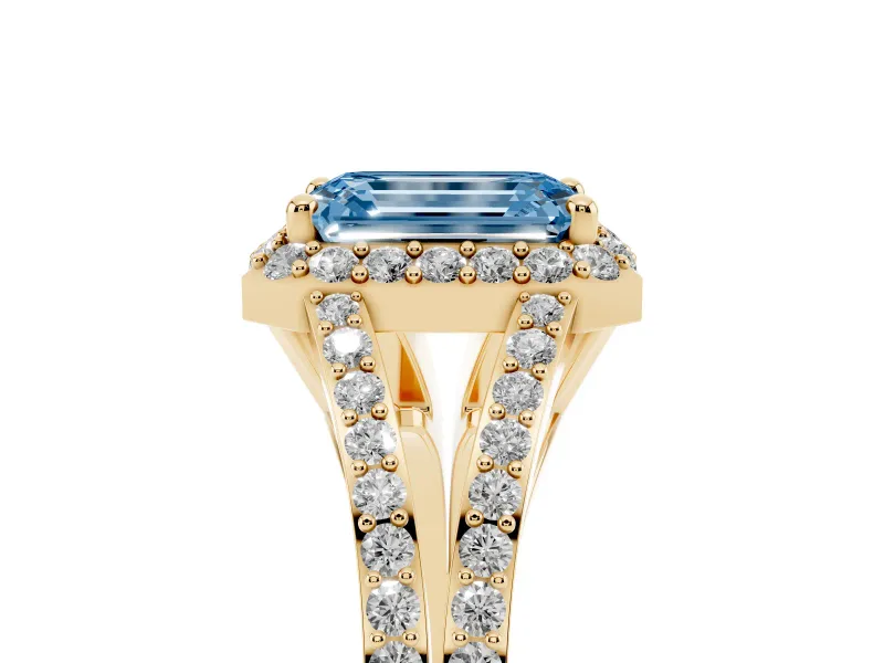 Emerald Cut Halo Engagement Ring Setting for a Fancy Blue Lab-Grown Diamond | V-Split Pavé Band | Yellow Gold