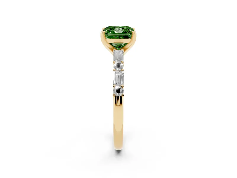 Fancy Green Princess Cut Diamond Solitaire Set in Yellow gold with Side Baguettes and Channel Set Band
