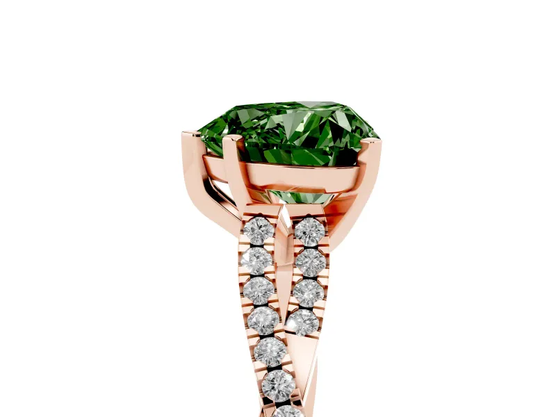 Fancy Green Heart Cut Diamond Solitaire Engagement Ring Set in Rose gold with Twisted Pavé Band and Prong Setting
