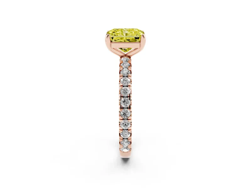 Fancy Yellow Radiant Cut Diamond Pavé Solitaire Ring Set in Rose gold with Round Band and Prong Setting