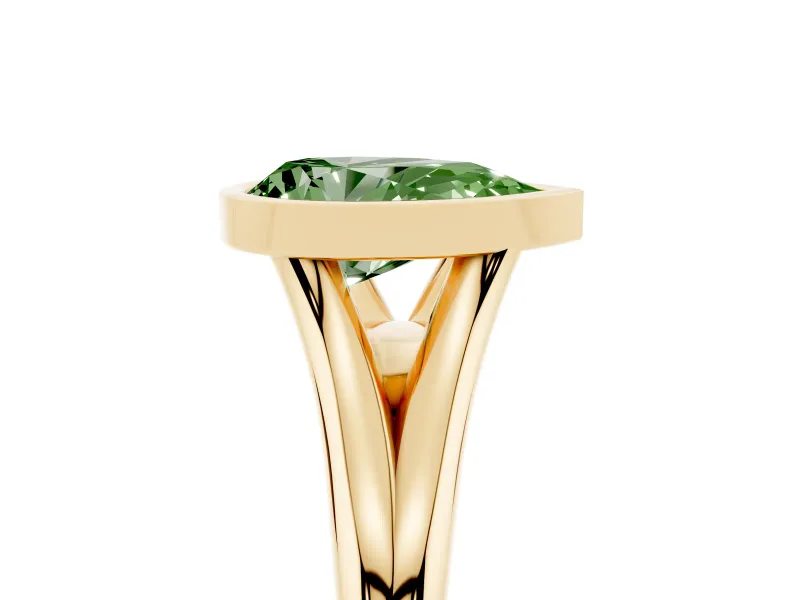Fancy Green Bezel Set Pear Cut Diamond Solitaire Ring Set in Yellow gold with Tapered Band