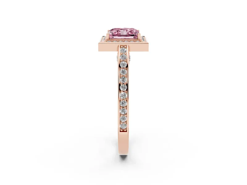 Fancy Pink Princess Cut Diamond Halo Pavé Split Shank Ring Set in Rose gold with Prong Setting