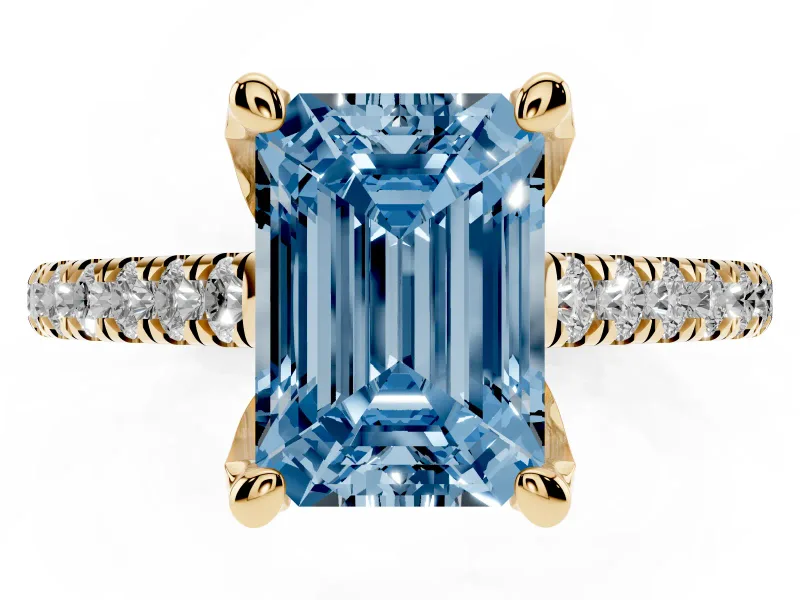 Emerald Cut Hidden Halo Pave Engagement Ring Setting for a Fancy Blue Lab-Grown Diamond | Claw Prongs | Yellow Gold