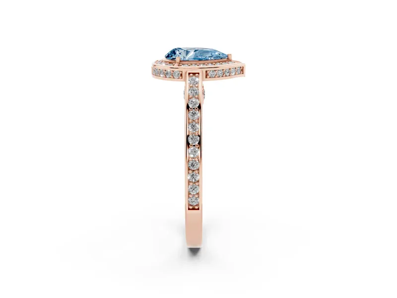 Fancy Blue Pear Cut Diamond Halo Pavé Split Shank Ring Set in Rose gold with Prong Setting