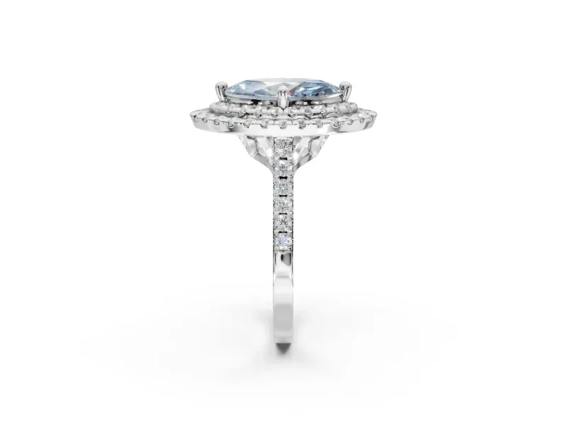 Fancy Blue Marquise Lab-Grown Diamond Double Halo Statement Ring Set in White Gold with Pavé Band