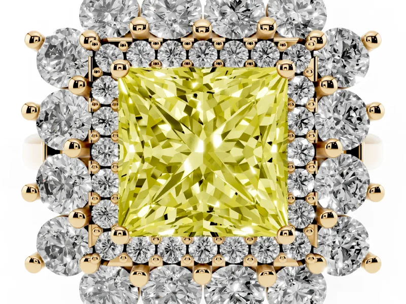 Princess Cut Floral Double Halo Engagement Ring Setting for a Fancy Yellow Lab-Grown Diamond | Plain Band | Yellow Gold