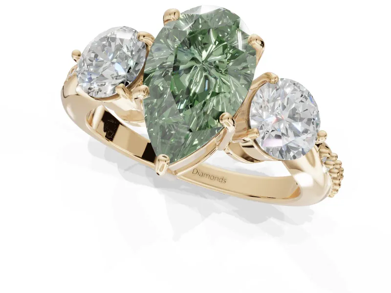 Pear-Shaped Three Stone Engagement Ring Setting for a Fancy Green Lab-Grown Diamond | Tapered Pave Band | Yellow Gold